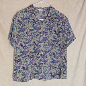 Women's Vintage Over Star Size XL Blouse Short-Sleeved Button-Up Vibrant All-Ove